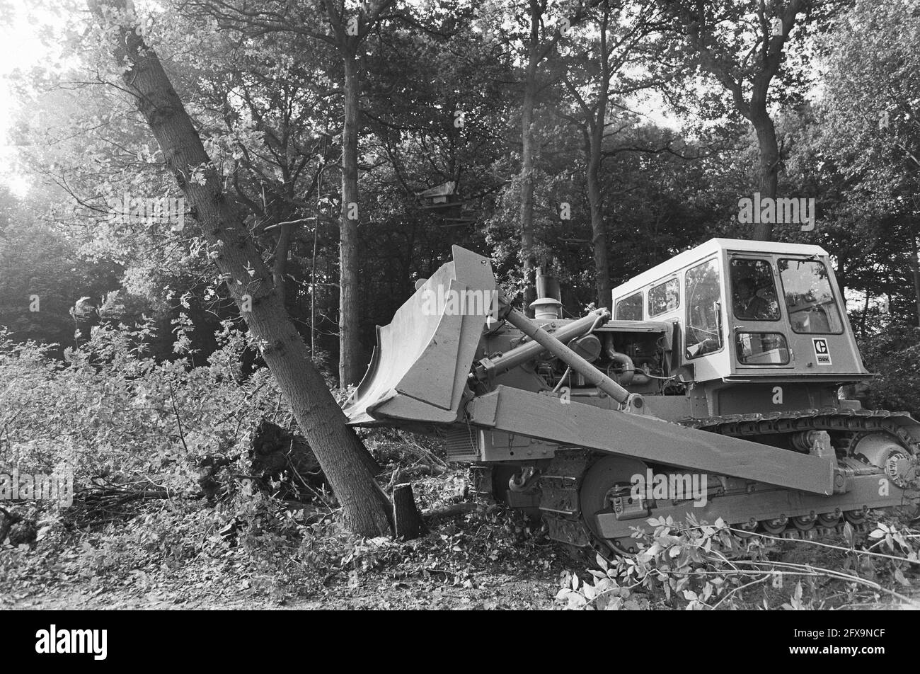 Bulldozer empuja abajo un árbol, 24 de septiembre de 1982, árboles,  bosques, Bulldozers, Países Bajos, agencia de prensa del siglo 20th foto,  noticias para recordar, documental, fotografía histórica 1945-1990,  historias visuales, Historia