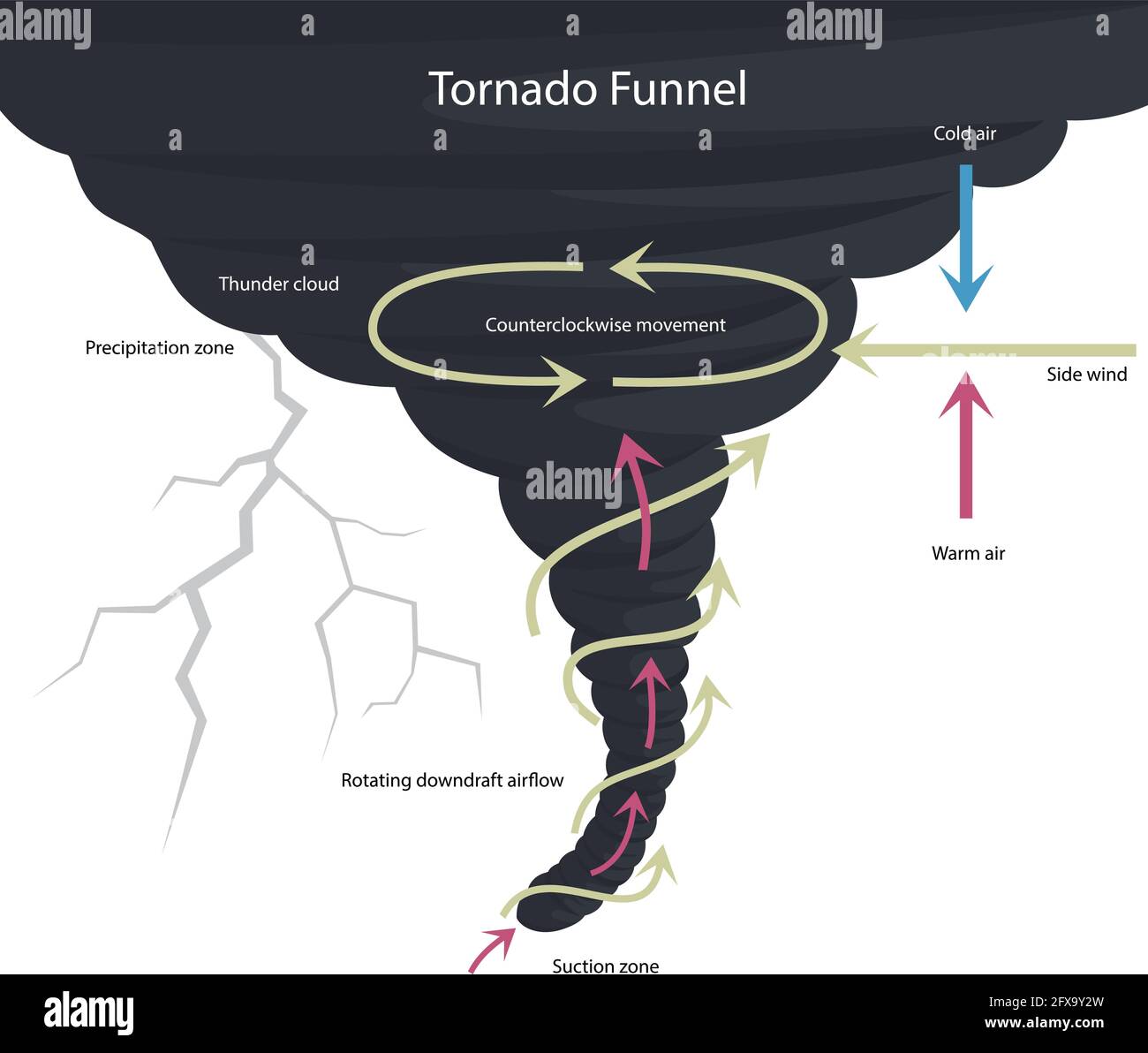 Ilustración vectorial de la formación de tornados. Estructura del tornado. Desastres naturales