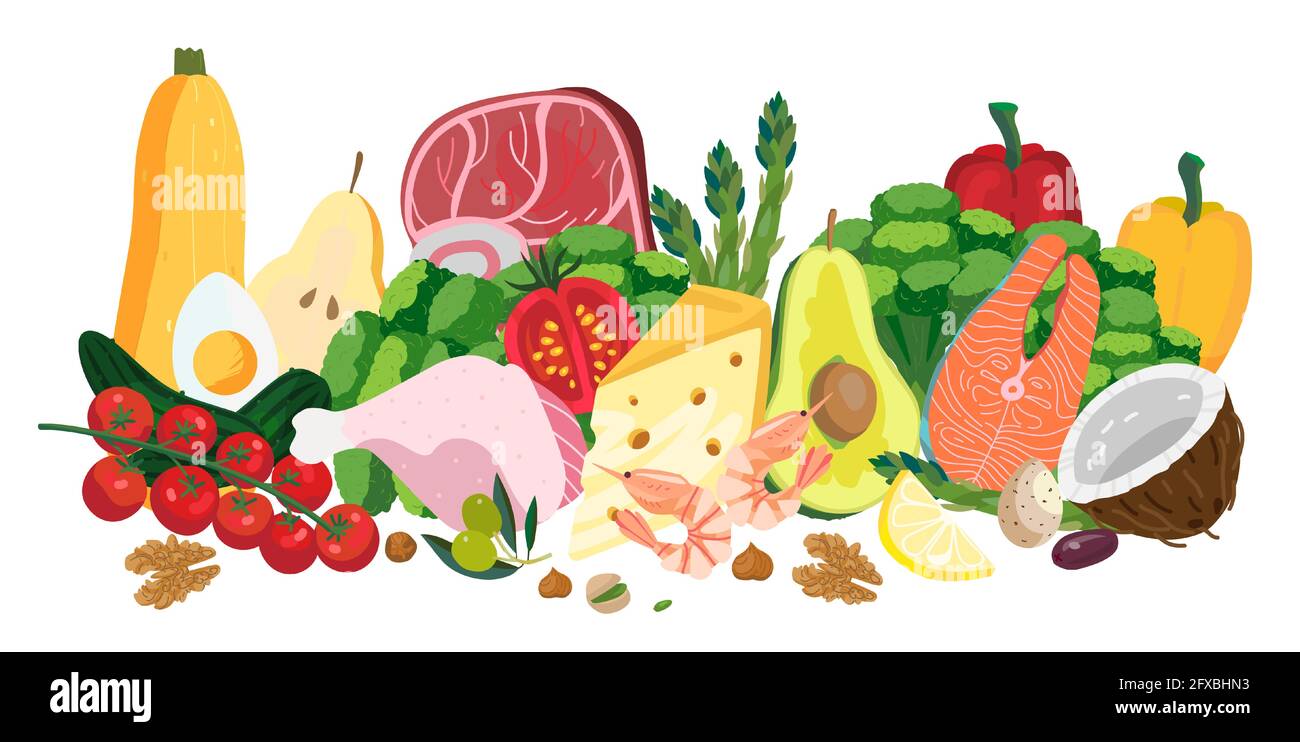 Productos saludables juego de alimentos. Pancarta de alimentación saludable, para dietética, nutrición equilibrada, dieta keto. Vector plano de dibujos animados. Salmón, carne, coco, zucc Ilustración del Vector