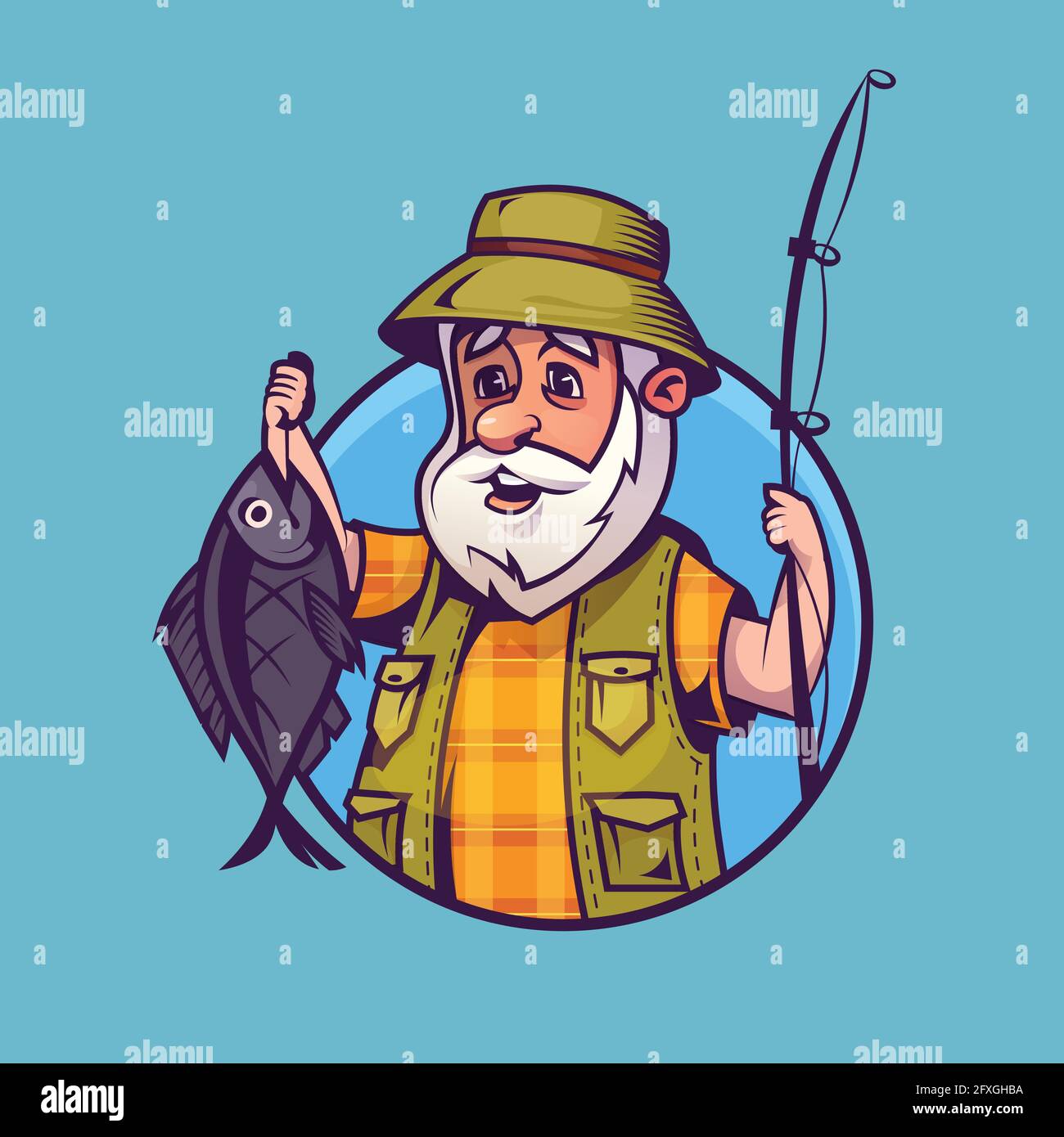 Pescador con captura. Concepto de arte de la pesca en estilo de dibujos  animados Imagen Vector de stock - Alamy