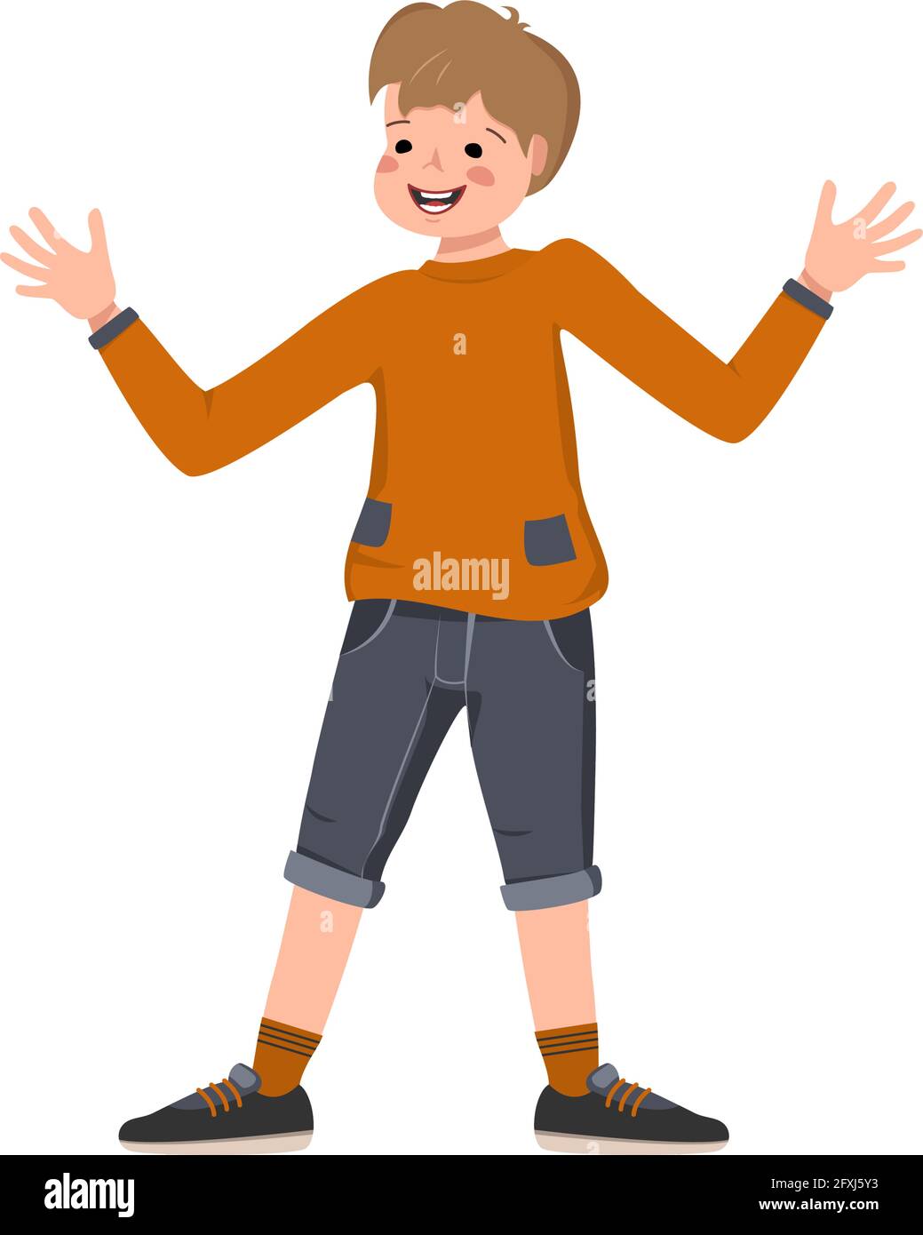 Niño con pelo marrón, cara en una camisa, pantalón corto zapatillas de deporte Feliz niño extendió sus brazos, abrazos. Un adolescente con ropa informal verano se regocija. Mundo Imagen