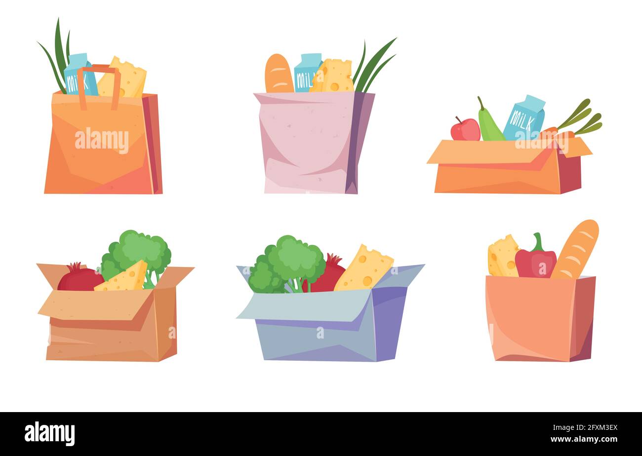 Bolsas de compras, bolsas ecológicas de supermercado y caja con supermercado. Juego de dibujos animados vectoriales de bolsas de papel y algodón con frutas, verduras, leche y pan Imagen Vector de stock