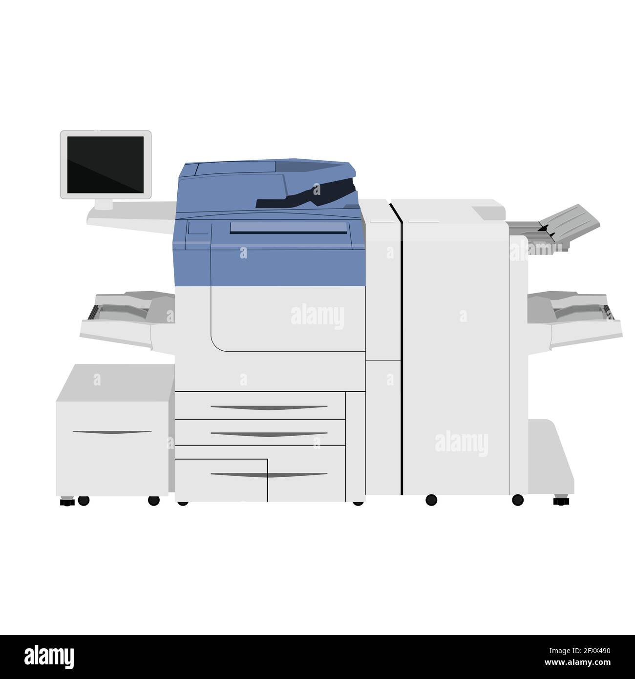 El escáner de la impresora multifunción de oficina. El papel de copiadora  aislado en el fondo. Copy Machine. Los documentos. Cartoon ilustración  vectorial. Diseño plano Imagen Vector de stock - Alamy