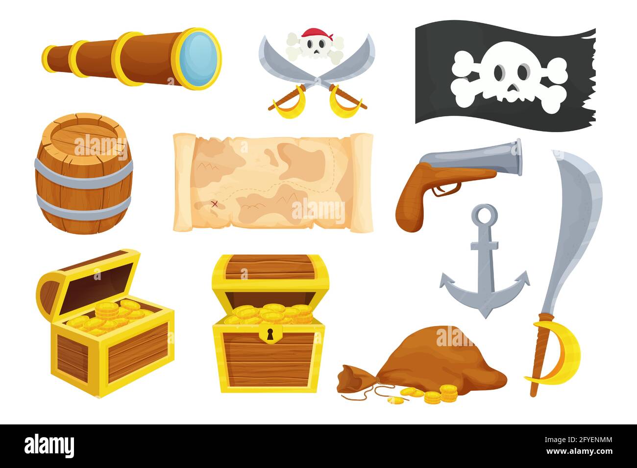 Pirata conjunto con cráneo divertido, caja de madera, barril, arma, bandera negra y mapa en estilo de dibujos animados aislado sobre fondo blanco. Elementos del Caribe, colección de aventuras. Búsqueda de tesoros. . Pirata conjunto con cráneo divertido, caja de madera, barril, arma, bandera negra y mapa en estilo de dibujos animados aislado sobre fondo blanco. Elementos del Caribe, colección de aventuras. Búsqueda de tesoros. .