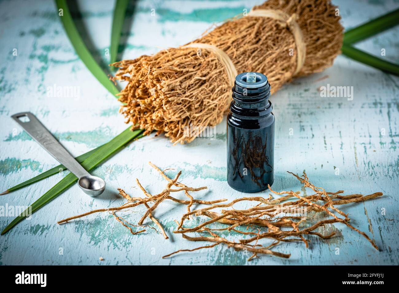 Aceite esencial de raíz vetiver (Vetiveria zizanoides). Foto de stock