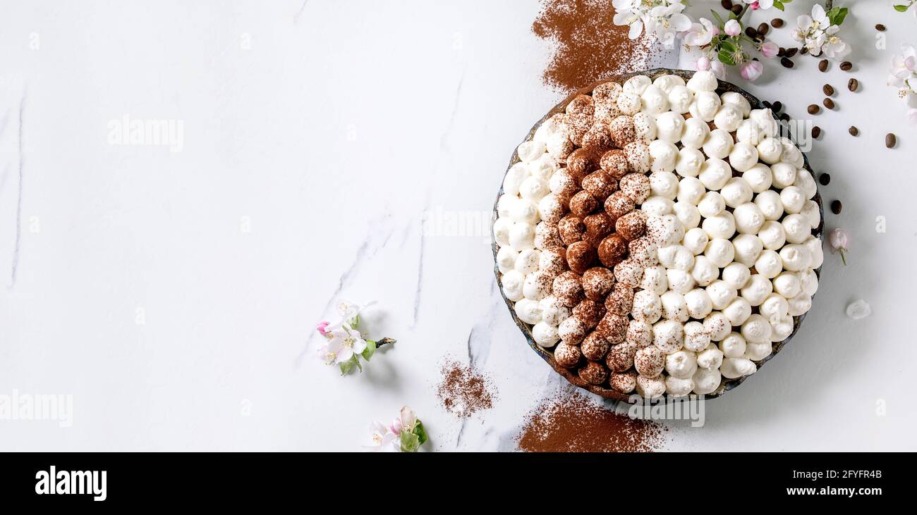 Tiramisú casero sin gluten, postre italiano tradicional salpicado de cacao en polvo decorado con manzano floreciente, granos de café sobre marb blanco Foto de stock