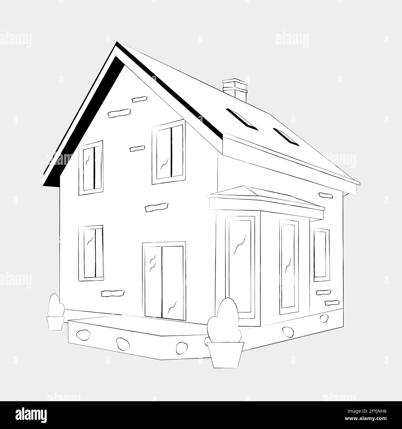 Dibujo de lápiz lineal de la casa. Silueta blanca de una casa tipo cabaña.  Aislado. Ilustración Fotografía de stock - Alamy