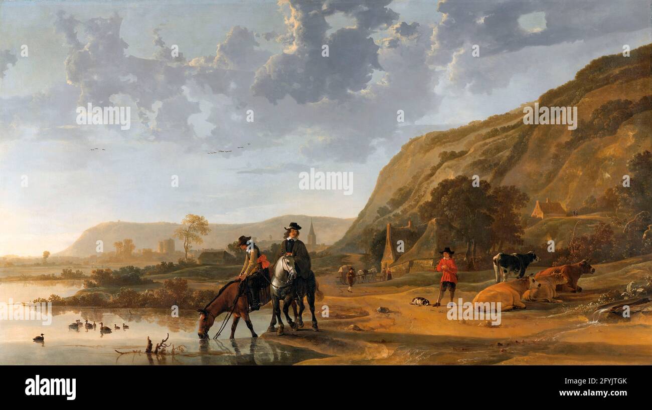 Aelbert Cuyp. Pintura titulada 'Paisaje del río con los jinetes' del pintor holandés de la Edad de Oro, Aelbert Jacobszoon Cuyp (1620-1691), óleo sobre lienzo, 1653-57 Foto de stock
