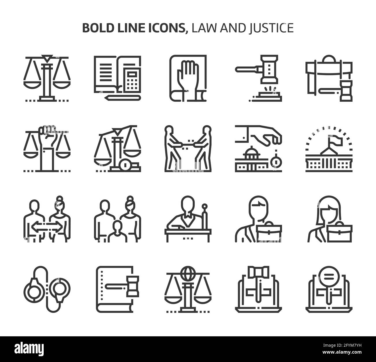 Ley y justicia, iconos de líneas audaces. Las ilustraciones son un vector, trazo editable, 48x48 píxeles perfectos archivos. Fabricado con precisión y ojo para calidad Ilustración del Vector