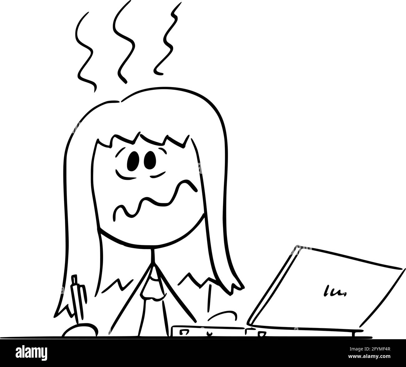 Mujer sobrecargada estresada sentada detrás del escritorio Trabajando en la oficina en la computadora, Vector Cartoon Stick Ilustración de la figura Ilustración del Vector