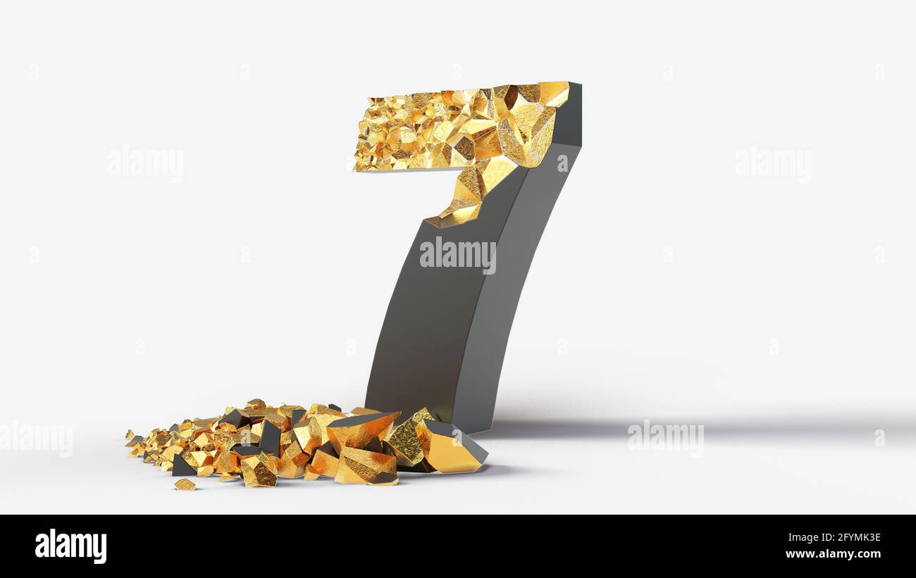 el negro dañado número 7 revela oro en su interior. 3d ilustración, adecuada para escribir, letras y temas del alfabeto. Foto de stock