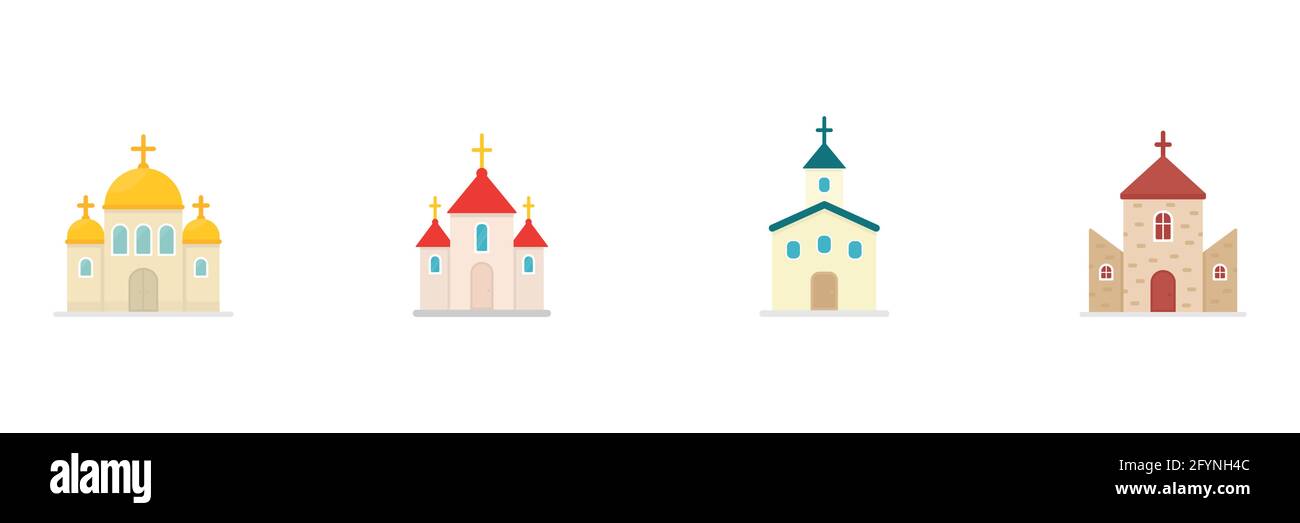 Conjunto de iconos planos de iglesia. Símbolo colorido de la iglesia. Colección de edificios de silueta Holy Place. Vector aislado sobre blanco. Ilustración del Vector