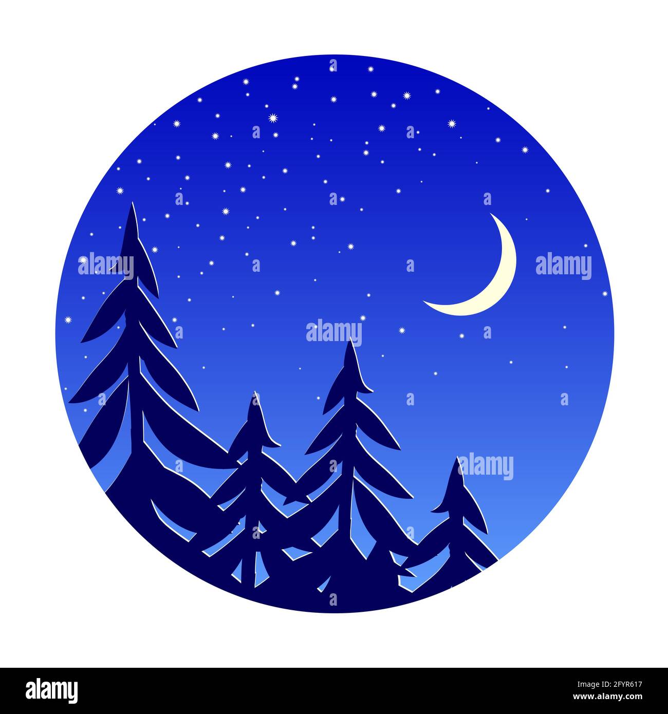 Paisaje nocturno con pinos sobre un fondo de cielo azul con la luna y las  estrellas. Ilustración redonda de dibujos animados Fotografía de stock -  Alamy