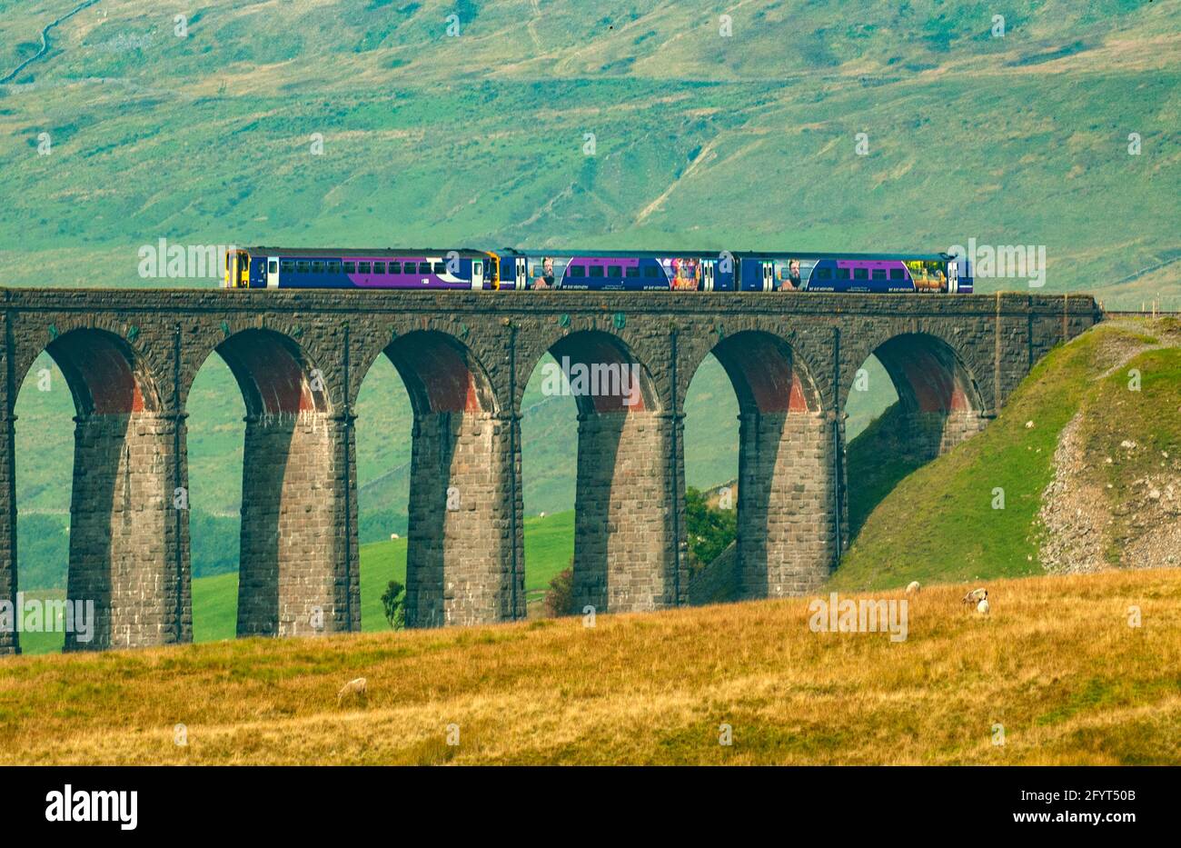 En tren Ribblehead Viaduct, Yorkshire, Inglaterra Foto de stock