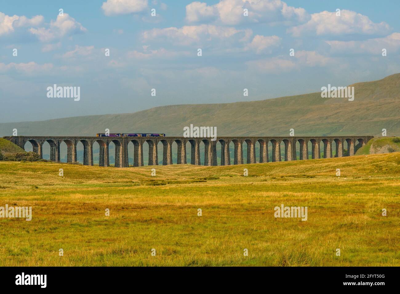 En tren Ribblehead Viaduct, Yorkshire, Inglaterra Foto de stock