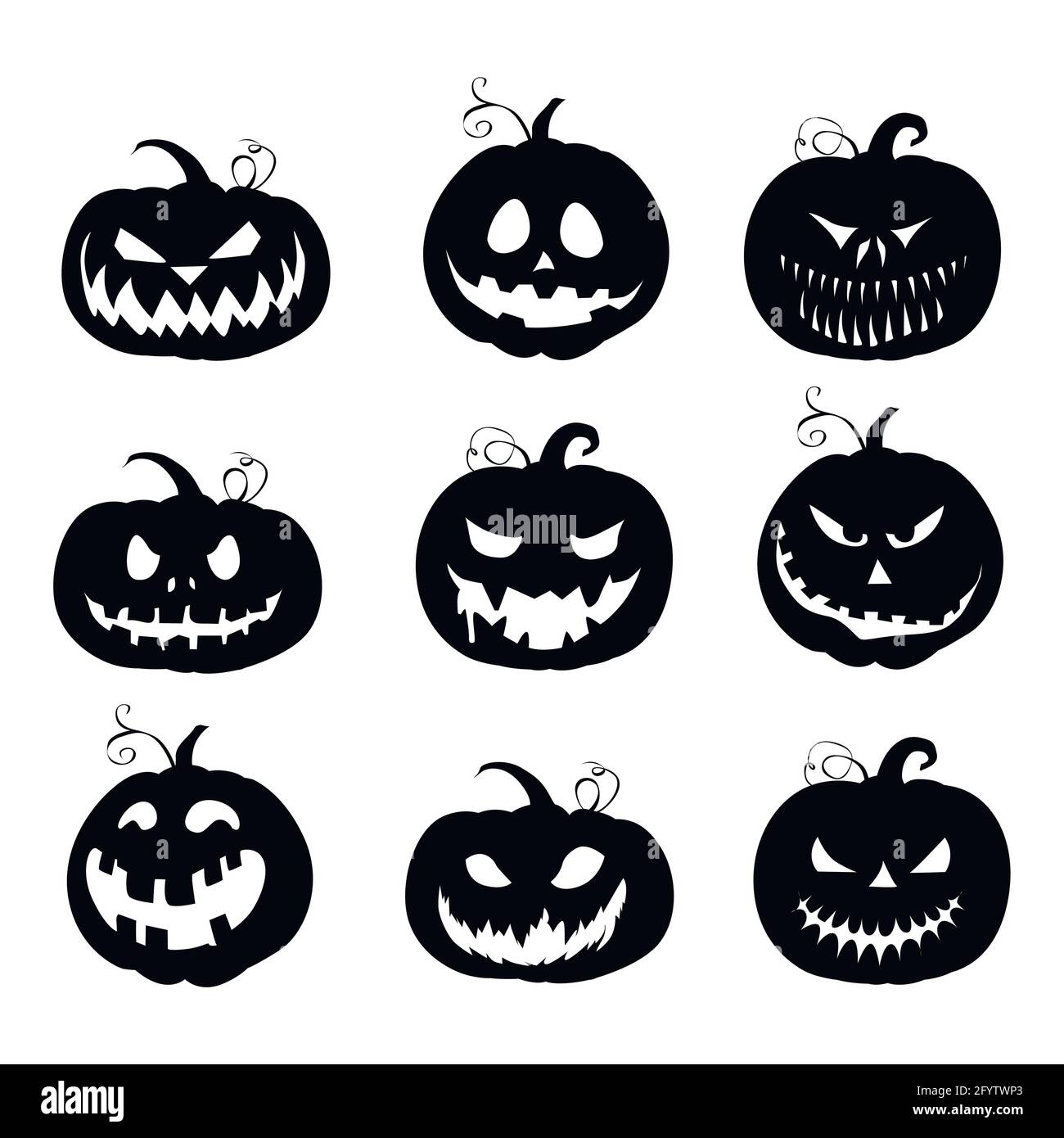 Colección de siluetas de calabazas negras de Halloween. Vector otoño horror vacaciones, celebración gato divertido, emoción cara tallado ilustración Ilustración del Vector