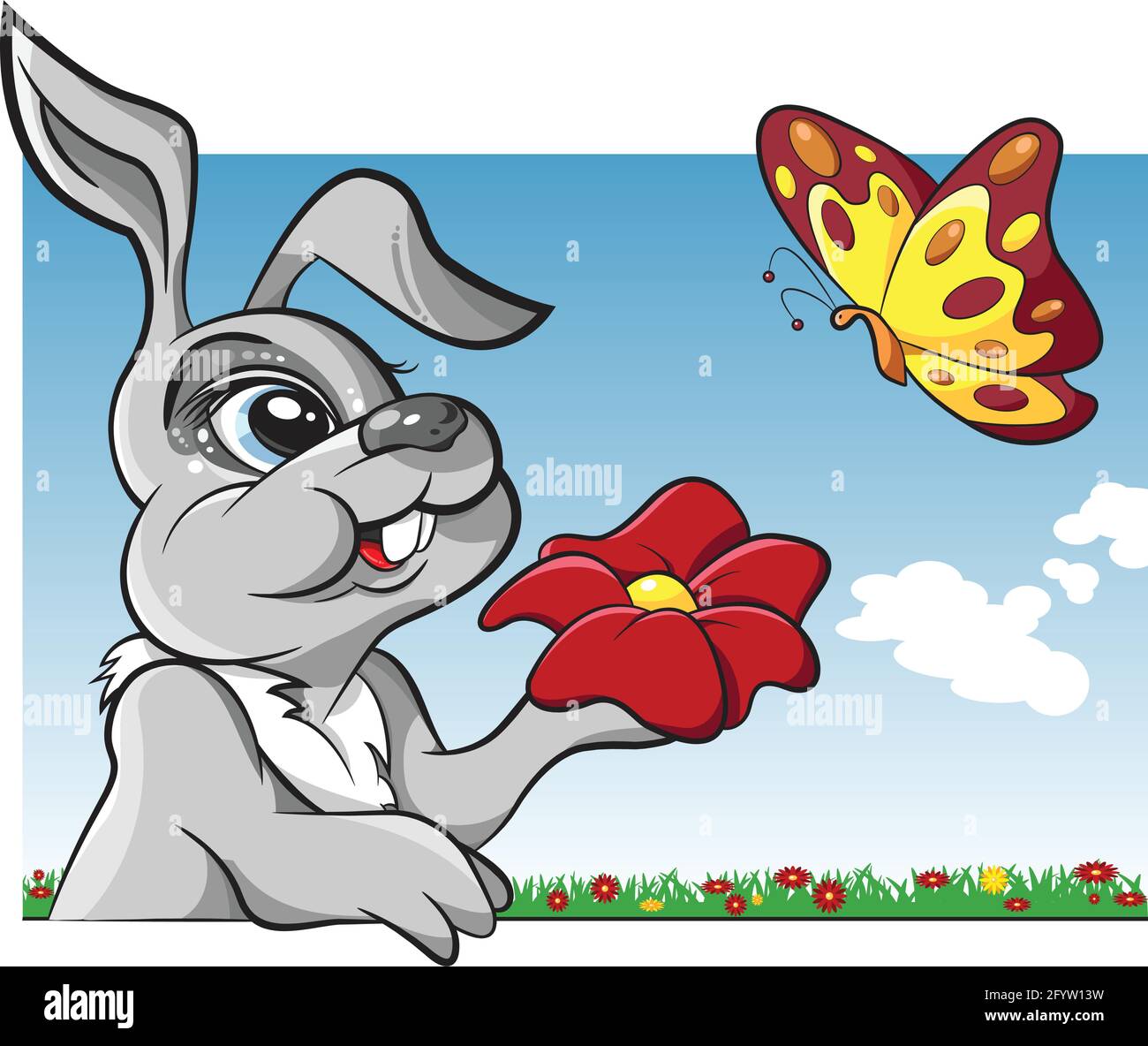 Conejo con una flor en su mano y una mariposa en un prado de flores, ilustración vectorial Ilustración del Vector
