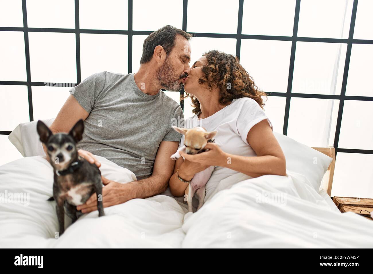 Pareja hispana de mediana edad besando y acostada en la cama con perros en  casa Fotografía de stock - Alamy