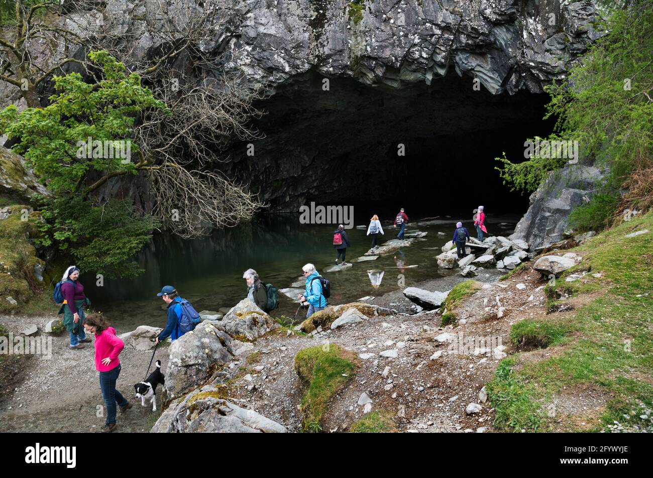 Cueva Rydal, sobre el lago Rydal Water en el Parque Nacional del Distrito de los Lagos. La cueva es el resultado de la pasada minería de pizarra y ahora es una atracción turística. Foto de stock