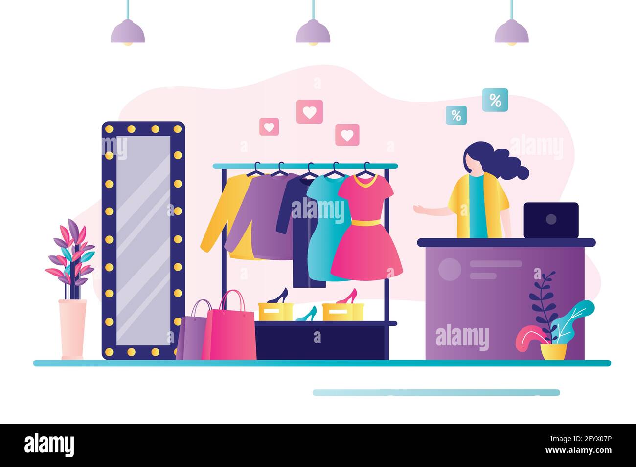Tienda de ropa interior. Vendedor mujer detrás del mostrador. Diferentes prendas colgadas en la percha. Tienda de moda. Сoncept de negocios, tiendas y boutiques Imagen Vector de stock - Alamy Tienda de ropa interior. Vendedor mujer detrás del mostrador. Diferentes prendas colgadas en la percha. Tienda de moda. Сoncept de negocios, tiendas y boutiques Imagen Vector de stock - Alamy