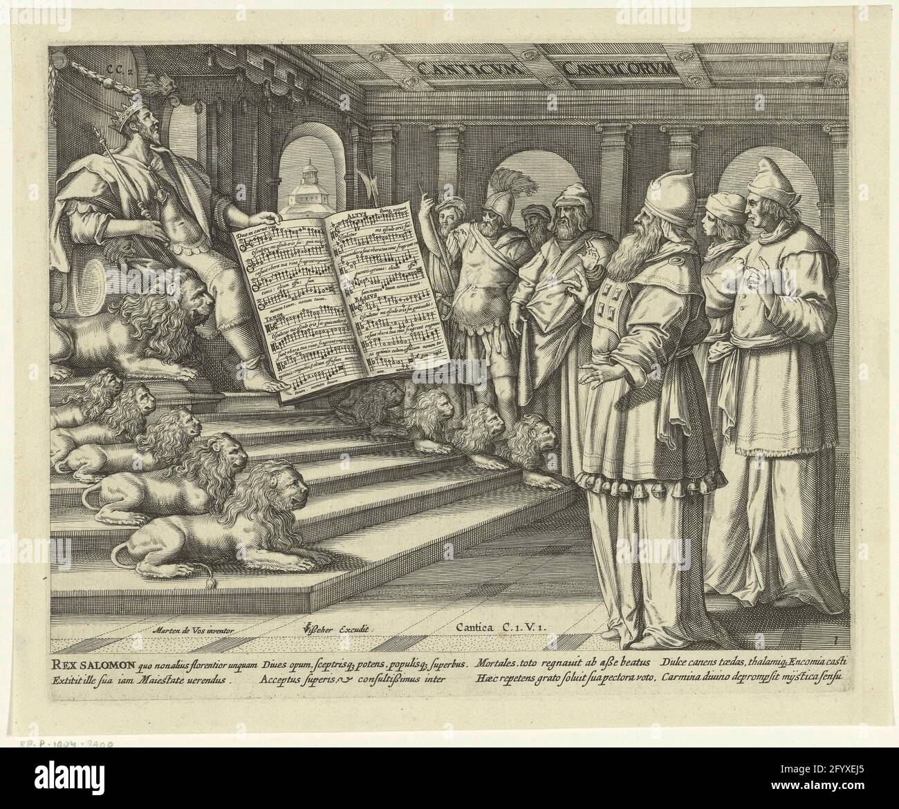 Rey Salomón en su trono; Cantica. C.1.v.1.; Hooglied van Solomon; Canticum  canticorum; Canticvm Canticorvm. El rey Salomón está sentado en su trono, de  los cuales los seis pasos a ambos lados están