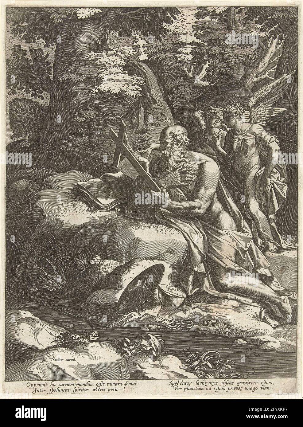 Hieronymus con dos ángeles. San Hieronymus se arrodilla con un