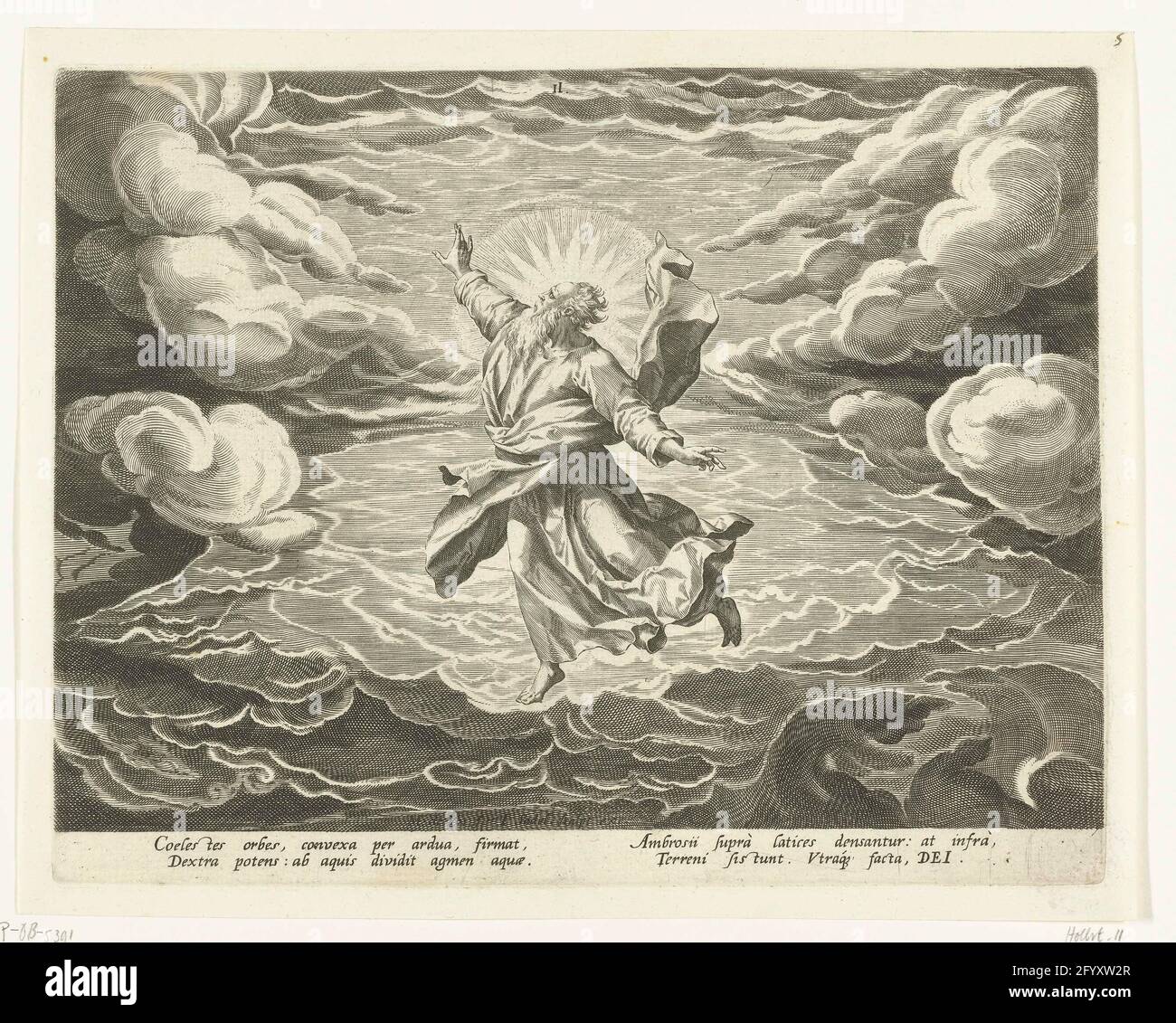 Creación del aire y del agua; creación del mundo. Dios el Padre flota