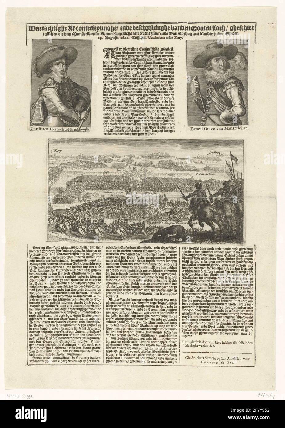 Batalla de Fleurus, 1622; Waerishe AF-conterfeytinghe / Ende Des des  description El Vanden Grooten Slack / Gheschiet entre los de Mansveld Ende  Bruyns-Wijcksche aen d'a seda y Don Cordua aen d's Otro