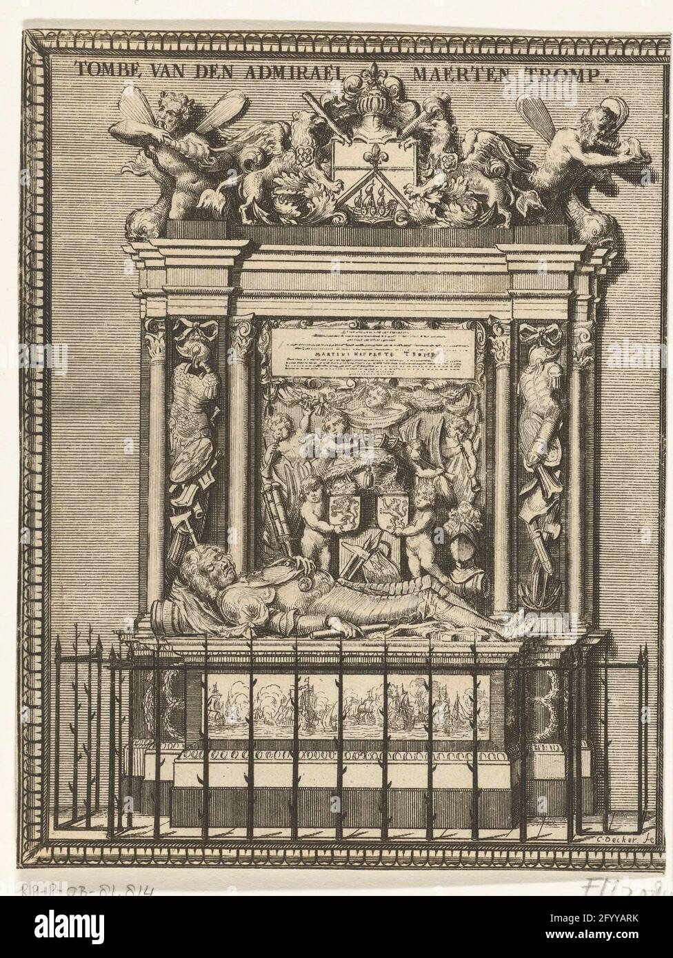 Tumba de praal del camarón de Maarten, 1653; Tambas de Tombe van den Admirael Maerten. Tumba de Pral del Almirante Maarten Tromp, muerto en la batalla naval en Terheide el 10 de agosto de 1653. La tumba de alabanza en el Oude Kerk en Delft terminó en 1656. Foto de stock
