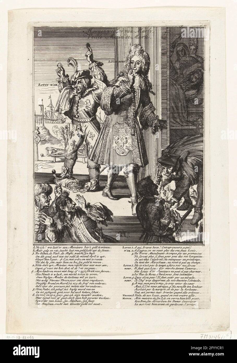 Dibujos animados en el bubbled markgrave de Baden-Baden, 1707; mañana  Swecker de Marly / Auctive Matin de Marli; Almanach real de 1707 / 't  Lusthof de Momus. Dibujos animados sobre el Louis