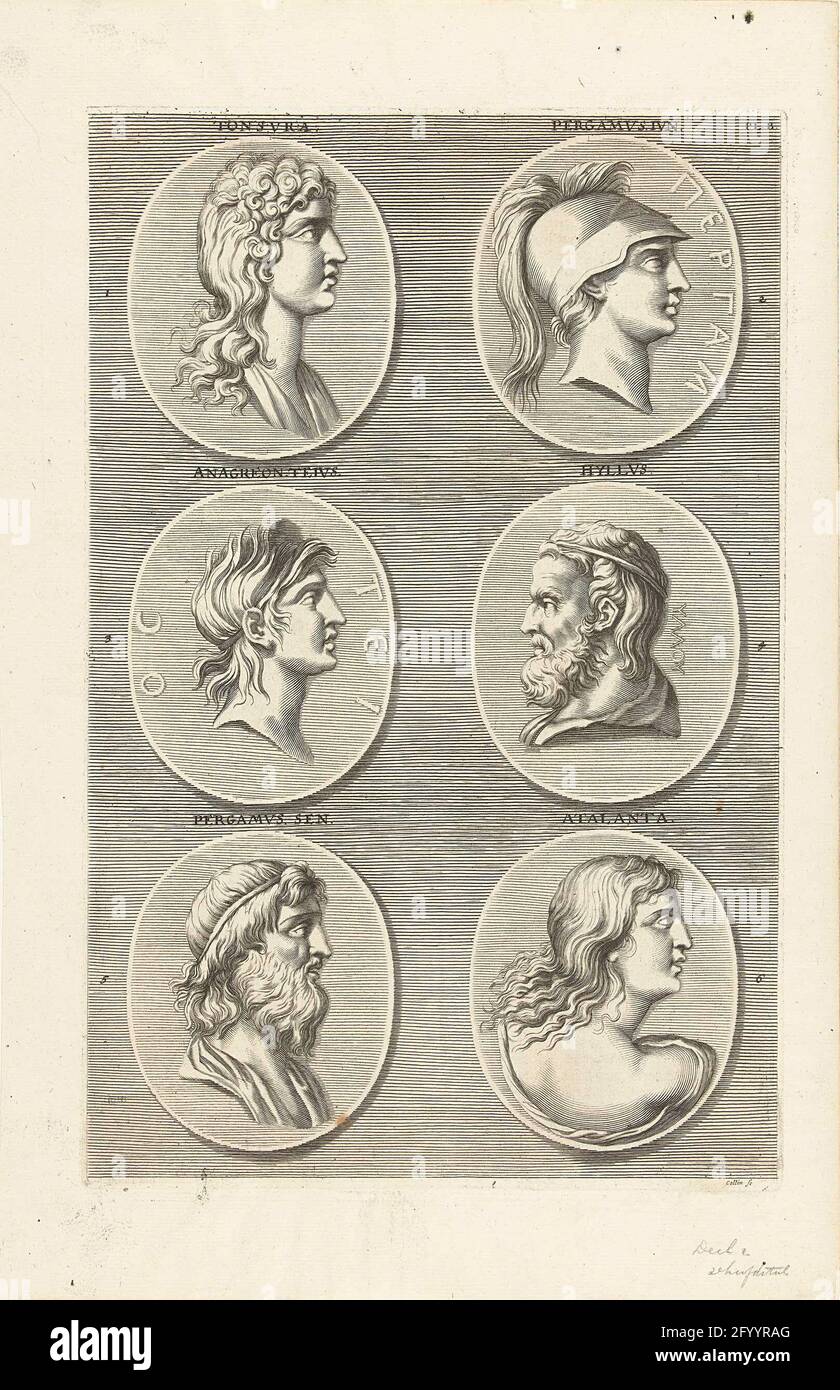 Seis monedas con retratos de hombres y mujeres de la antigüedad: Carta PL B. Seis monedas con retratos de hombres y mujeres de la antigüedad. Entre otros Tonsura y Atalanta. Foto de stock