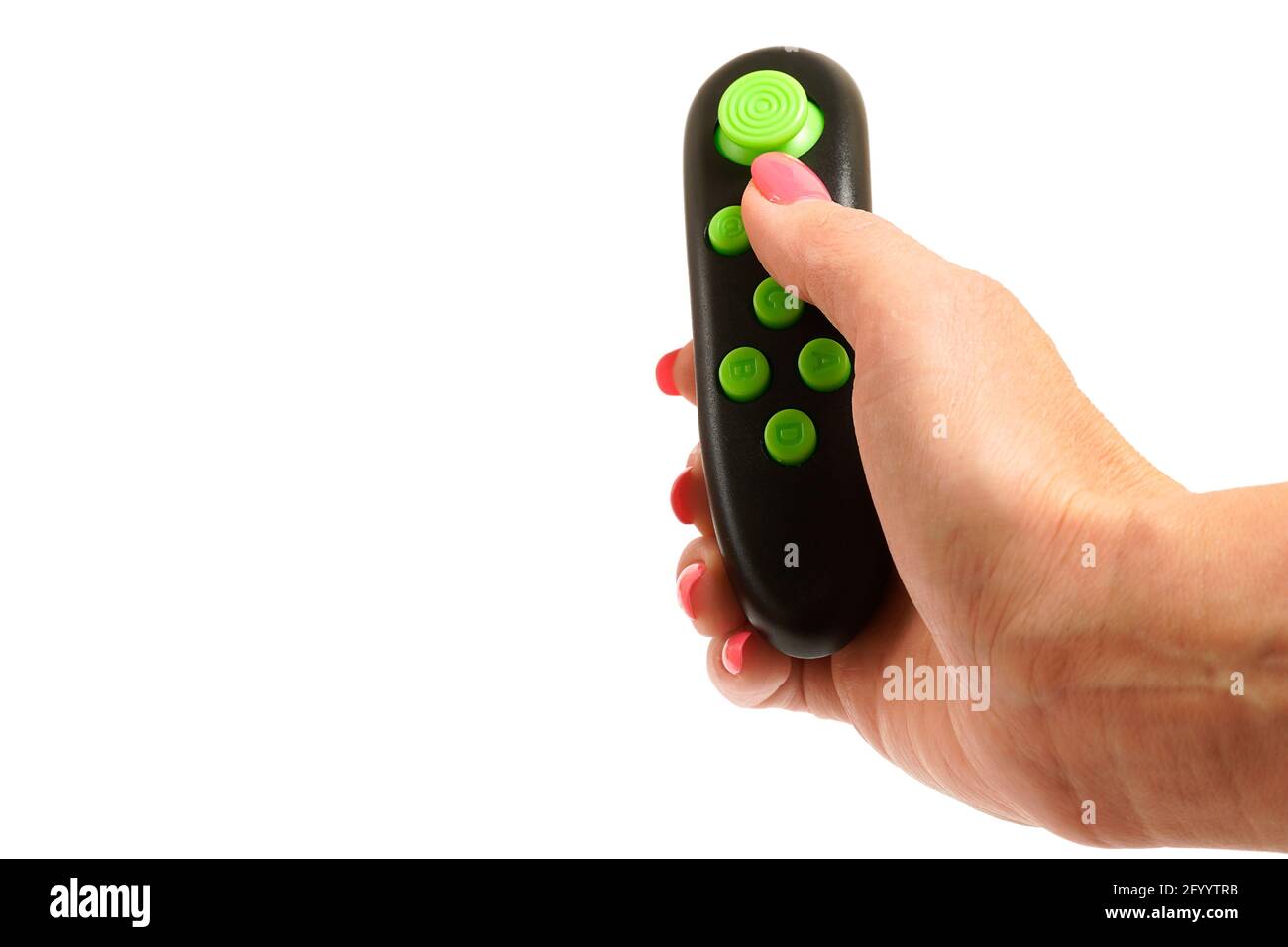 mano adolescente sostiene un joystick modificado en la mano sin inscripciones de la consola de juegos en la mano. vista lateral aislada. Foto de stock