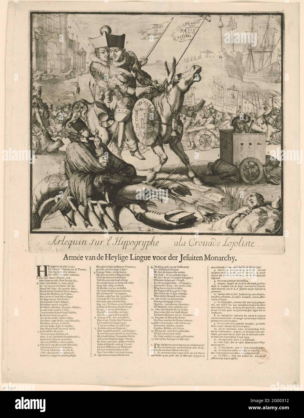 Dibujos animados sobre la batalla conjunta de Luis XIV y Jacobus II, 1689;  Arlequin sur l Hippogrypghe Ala Croisade Loujoliste; Armée de la Lingue  Heyly para la Monarquía Jesuita; Cartoon en Jacobus