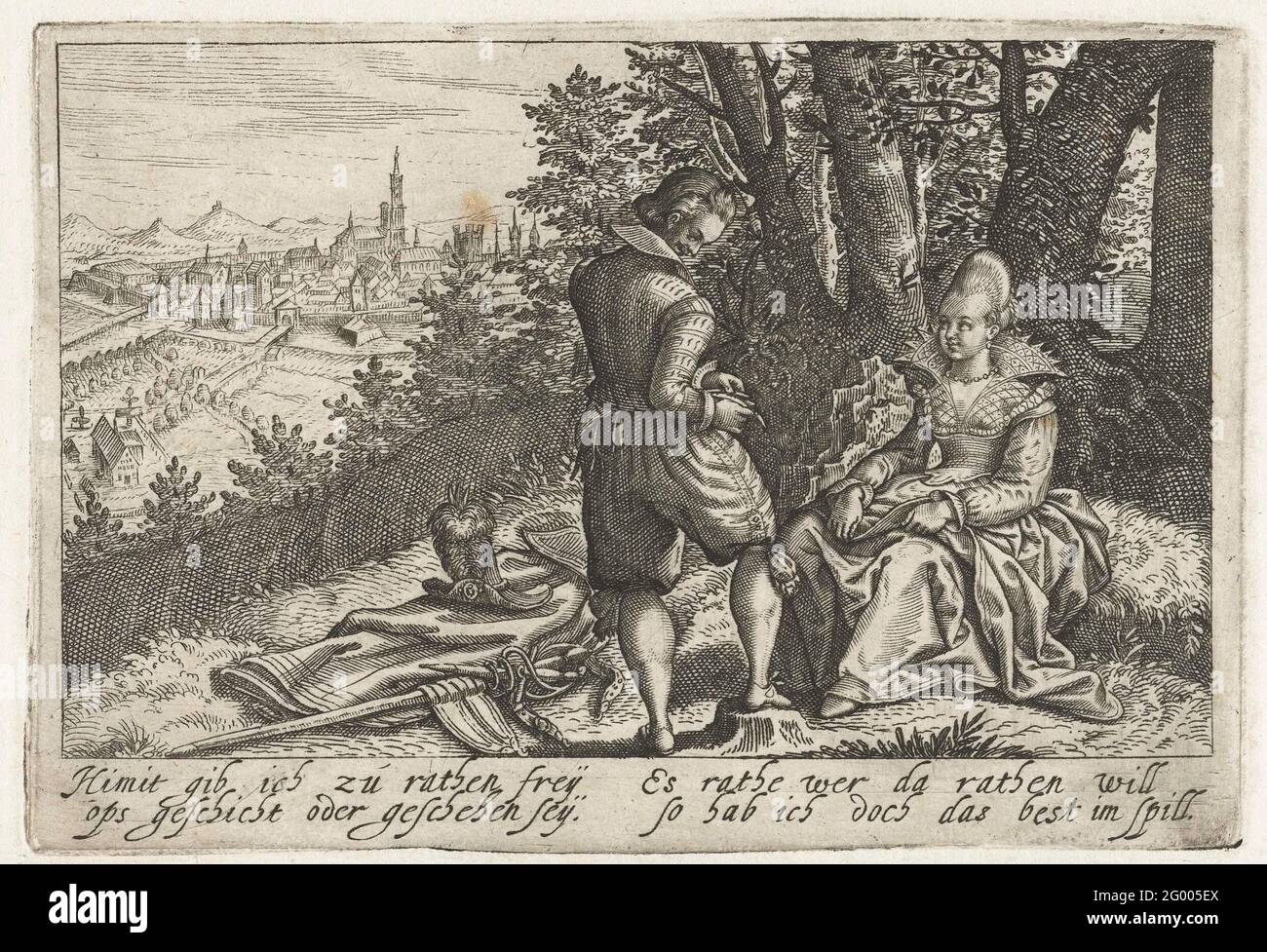 Pareja de amor en el paisaje: Himit Gib Ich Zu Raten Frey ...; Pugillus facetarium iconographicarum ... Estrasburgo 1608. En un paisaje en primer plano una pareja de amor en un grupo de árboles. Hay algunos artículos de ropa y armas al lado de ellos en el suelo. La mujer está sentada y el hombre está parado por ella. No está claro si está herido. Ciudad en el fondo. Texto en el margen: 'Himit Gib Ich zu Rathen Frey / OPS Ambient Oder Geefhen Sey. / Es Rather Wer Da Rathen will / So Hab Ich pero Das Best Im Spill.' (No numerado). Impresión desde: Pugilis Facetarium .... Strasburg. Foto de stock