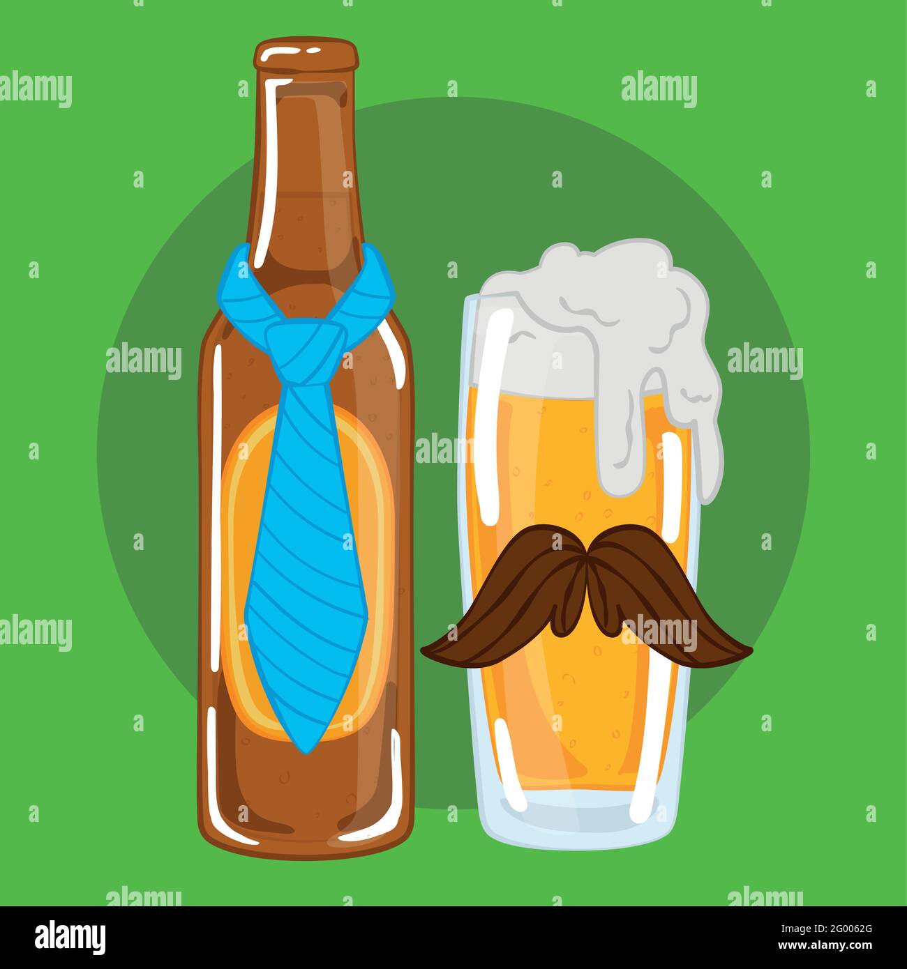 Botella de cerveza con corbata y vaso de beber con un bigote Imagen Vector  de stock - Alamy