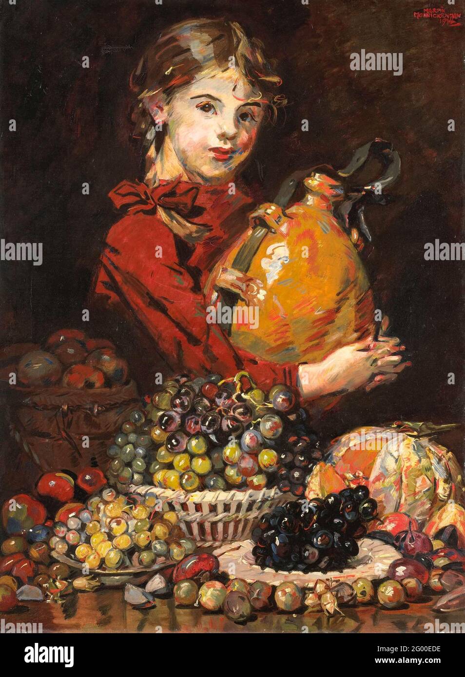 Monarosa, hija del pintor, como vendedora de frutas. Monarosa, hija del  pintor, como vendedora de frutas. La chica está detrás de una mesa en la  que se exhiben uvas, melón y otras