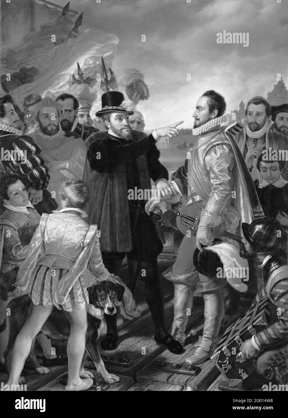 Felipe II, rey de España, reprocha a Guillermo I, príncipe de Orange, en Vlissingen a su salida de los Países Bajos en 1559. Philips II, Rey de España, acusa al Príncipe Willem van Oranje en Vlissingen a su salida de los Países Bajos en 1559, personal para dirigir la objeción de la nobleza. El acto tiene lugar en un embarcadero, dejó al rey español con su efecto con las velas del barco en el fondo. El rey agarra la mano del príncipe y le señala con su dedo. A la derecha el príncipe con sombrero en mano y algunos miembros de su consecuencia. En primer plano un soldado español Foto de stock