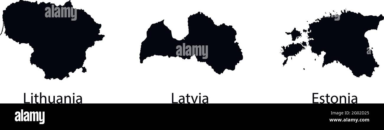 Ilustración vectorial con siluetas negras aisladas de mapas de los Estados bálticos (contornos simplificados). Lituania, Letonia, Estonia Ilustración del Vector