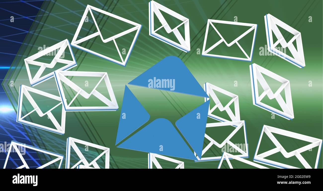 Composición de los iconos de correo electrónico de sobre abierto azul y sobre blanco en verde brillante con líneas azules Foto de stock
