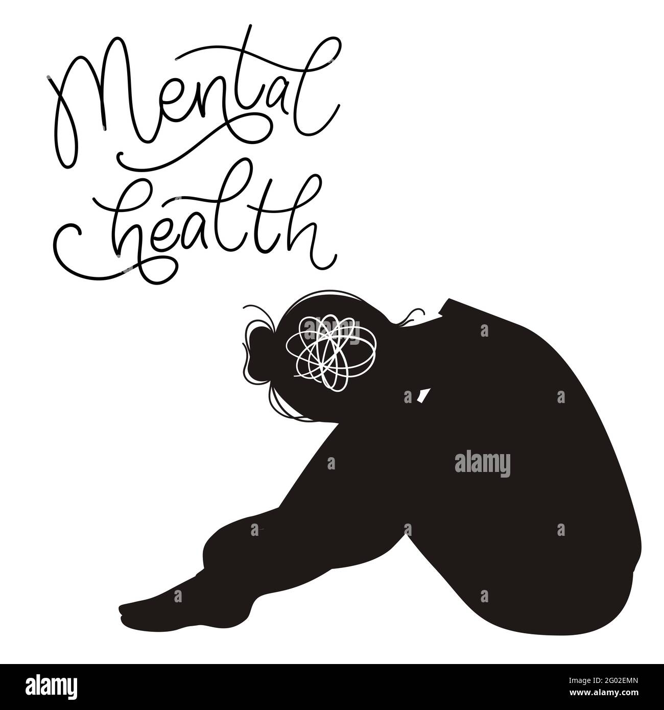Concepto de salud mental. Silueta de mujeres tristes con depresión sentada en el suelo. Ilustración de vectores de colores en estilo de dibujos animados planos Ilustración del Vector