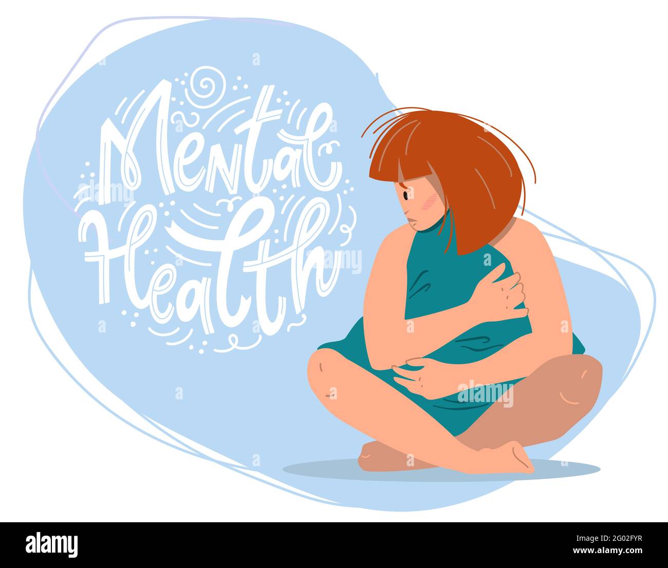 Concepto de salud mental. Mujer triste con depresión sentada en el suelo. Ilustración de vectores de colores en estilo de dibujos animados planos. Ilustración del Vector