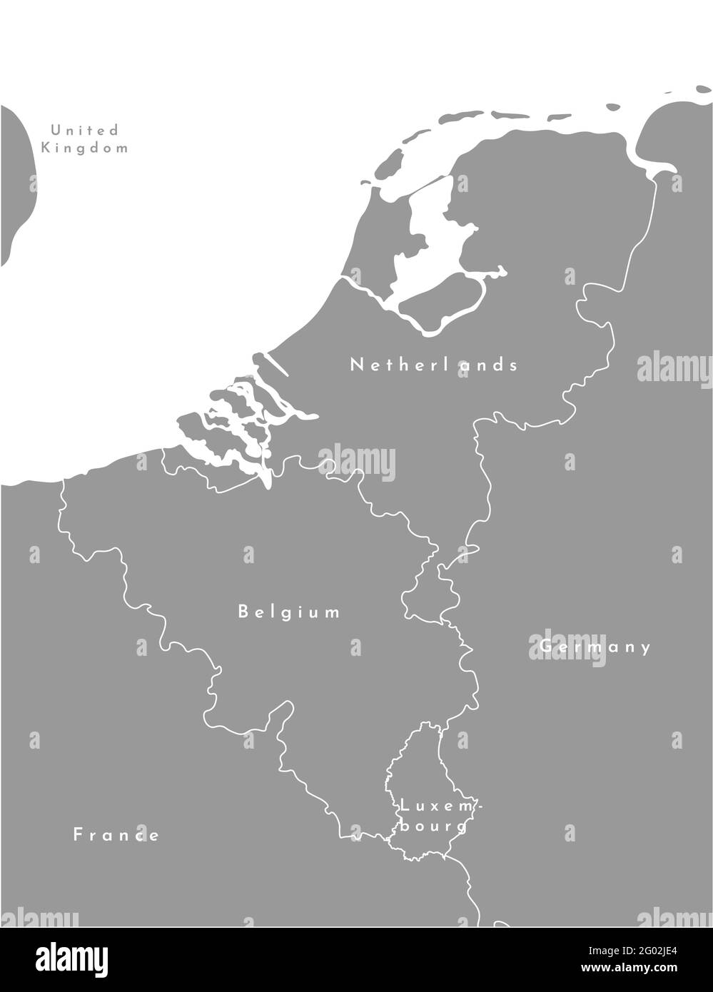 Ilustración moderna vectorial. Mapa político gris simplificado de los estados de la Unión del Benelux y de las zonas vecinas. Fondo blanco del Mar del Norte. Ilustración del Vector