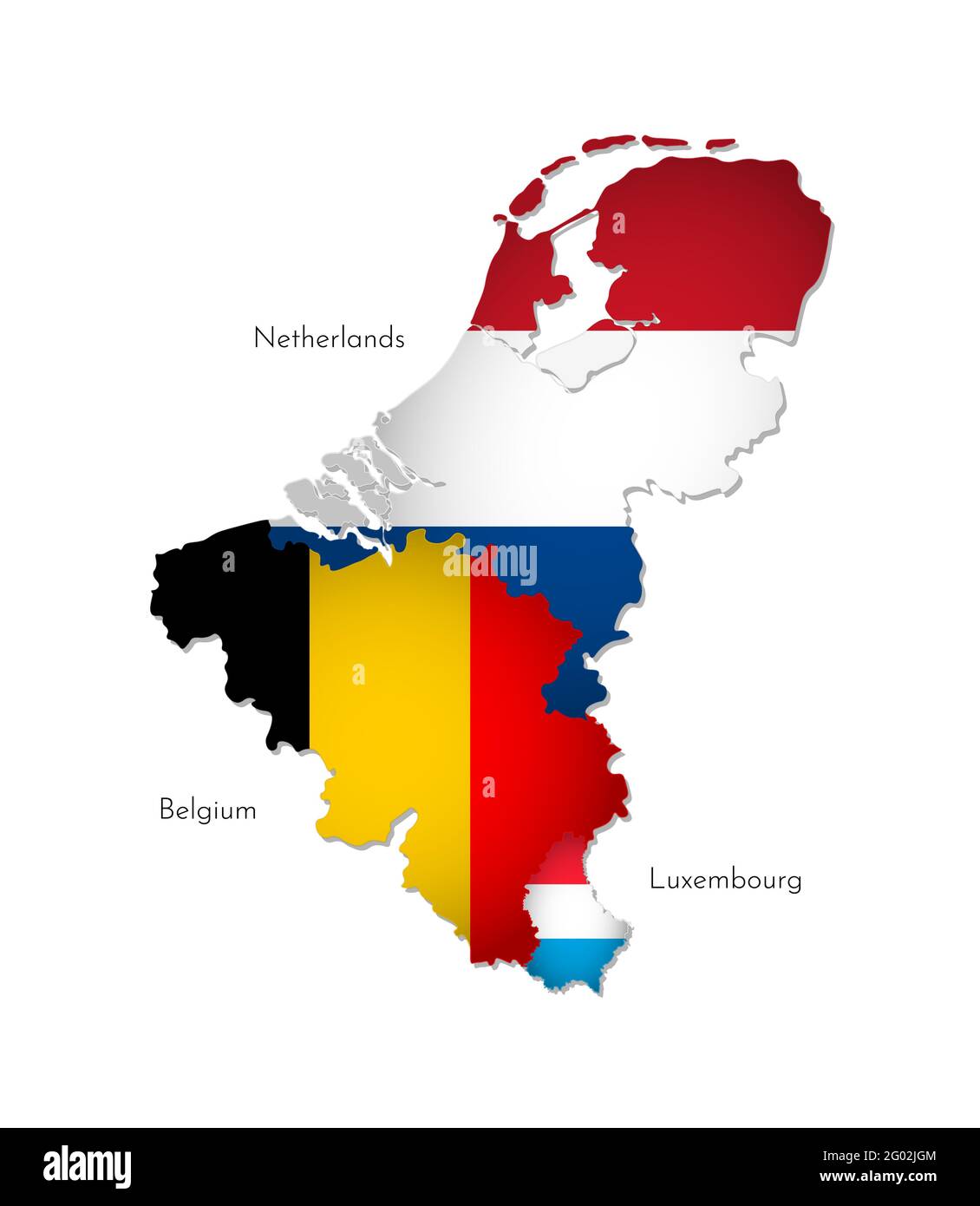 Ilustración vectorial con siluetas aisladas de Benelux Union en el mapa (forma simplificada). Banderas nacionales de Bélgica, Países Bajos, Luxemburgo. Blanco ba Ilustración del Vector