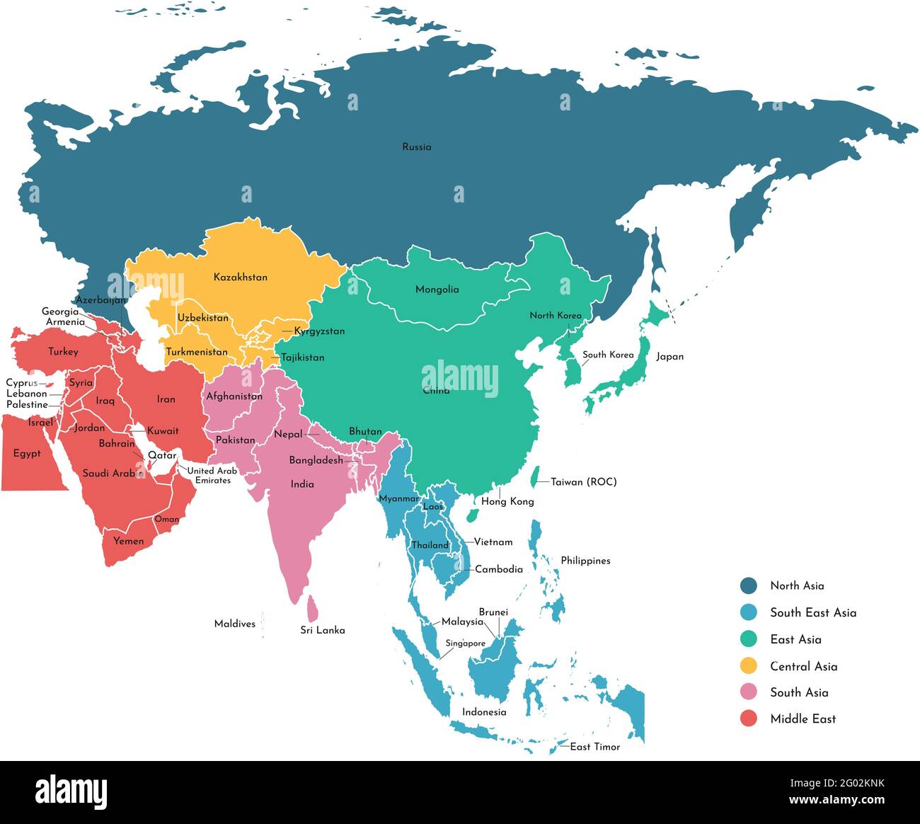 Mapa de Asia coloreado nombres de países Camiseta las fronteras