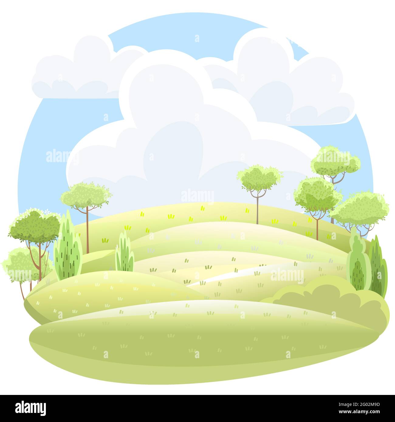 Paisaje rural hermoso. Estilo de dibujos animados. Nubes. Colinas con césped y árboles forestales. Exuberantes prados. Belleza romántica fresca. Ilustración de diseño plano Imagen Vector de stock - Alamy Paisaje rural hermoso. Estilo de dibujos animados. Nubes. Colinas con césped y árboles forestales. Exuberantes prados. Belleza romántica fresca. Ilustración de diseño plano Imagen Vector de stock - Alamy
