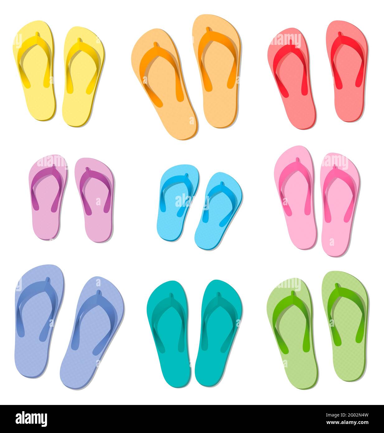 Juego de chanclas, diez pares de sandalias de goma de colores, simbólico para viajes en trabajo en equipo, amigos o felices vacaciones familiares Fotografía de stock - Alamy