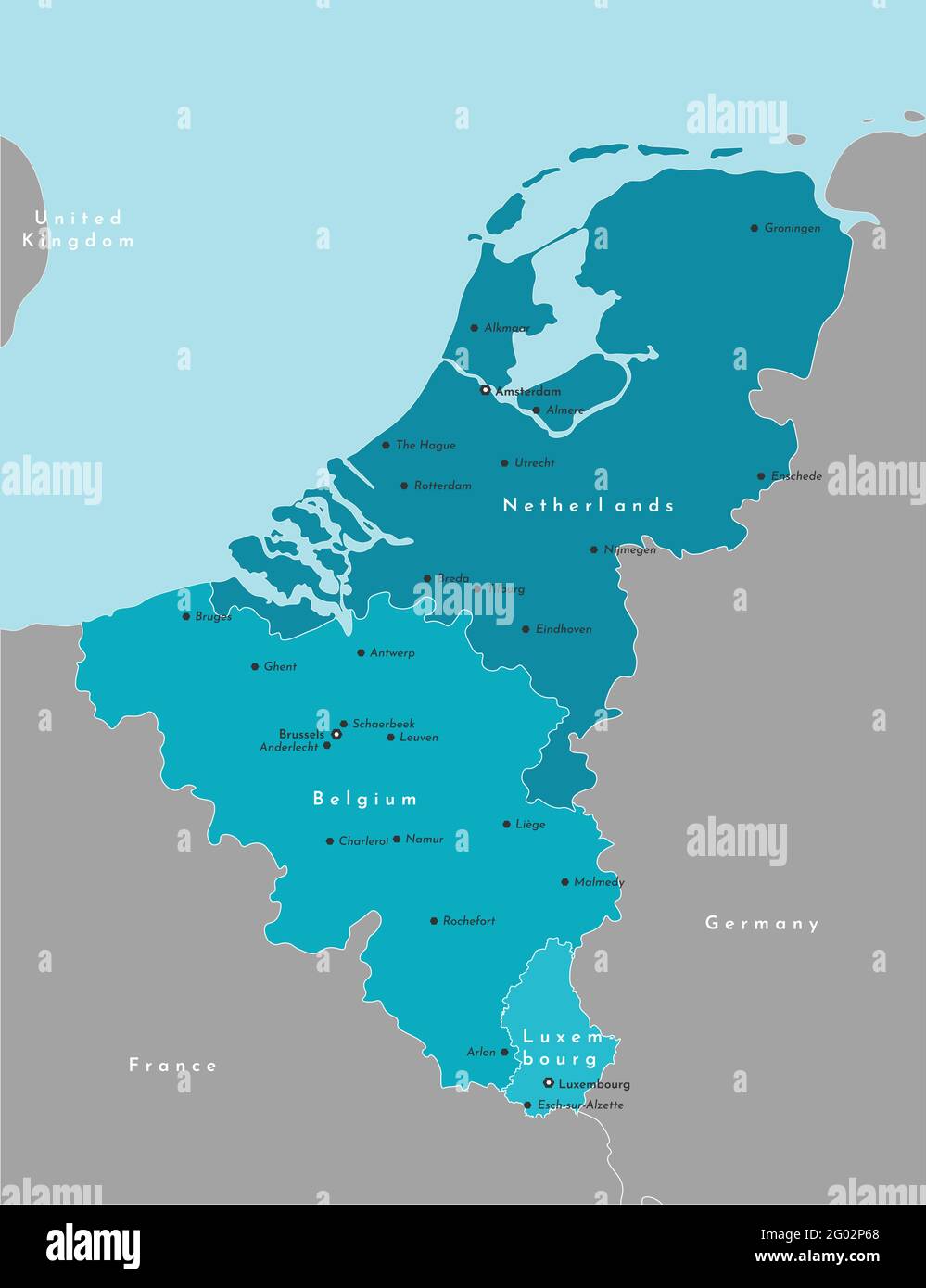 Ilustración moderna vectorial. Mapa político simplificado de los estados de la Unión Benelux y de las zonas vecinas. Fondo azul del Mar del Norte. Nombres de mayor tamaño Ilustración del Vector