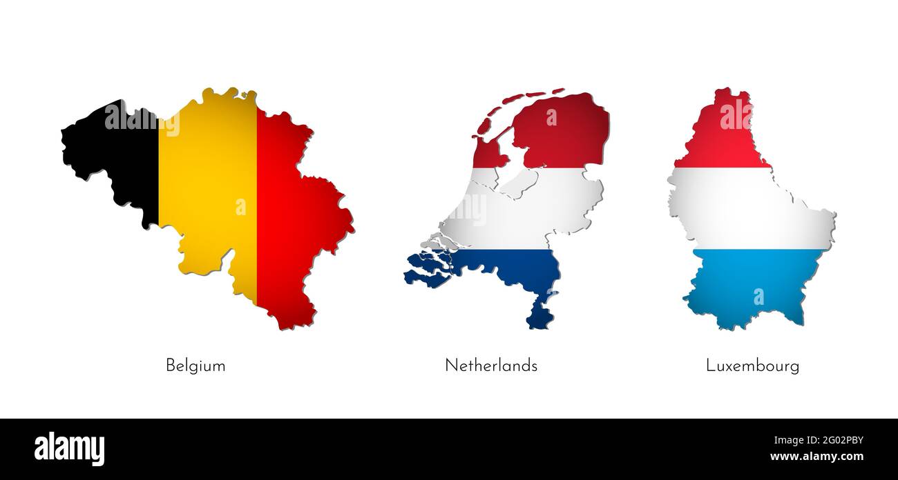 Conjunto de ilustraciones vectoriales con siluetas aisladas de mapas de Benelux Union (formas simplificadas). Banderas nacionales de Bélgica, Países Bajos, Luxemburgo. Blanco Ilustración del Vector