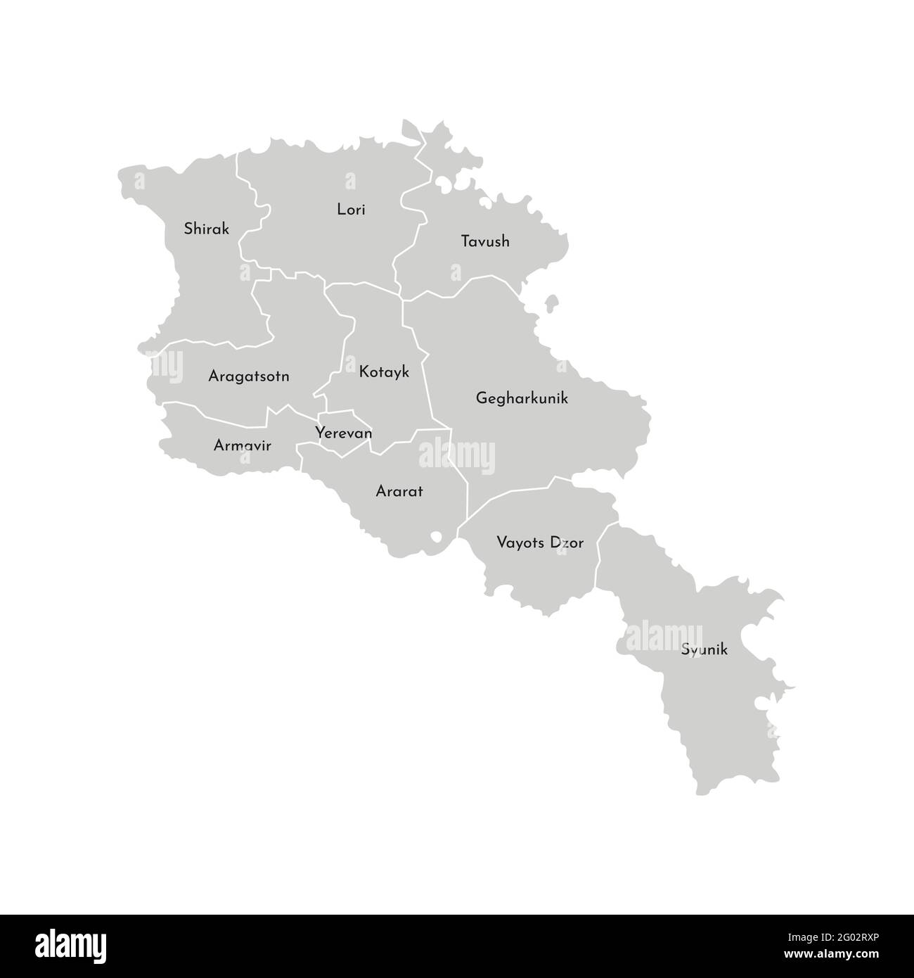 Ilustración aislada vectorial del mapa administrativo simplificado de Armenia. Fronteras y nombres de las provincias (regiones). Siluetas grises. Aguja blanca Ilustración del Vector