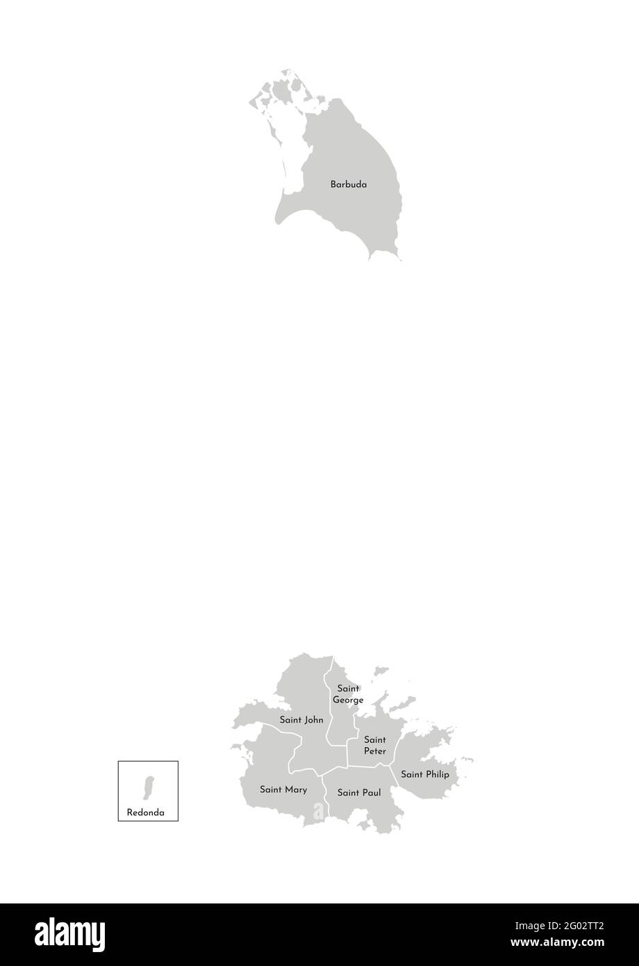 Vector ilustración aislada del mapa administrativo simplificado de Antigua y Barbuda. Fronteras y nombres de las regiones. Siluetas grises. Aguja blanca Ilustración del Vector